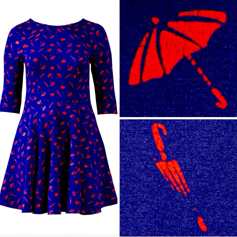 Unique Vintage x GB Gwynnie Bee Navy Red Umbrella Print Fit & Flare Dress NWOT